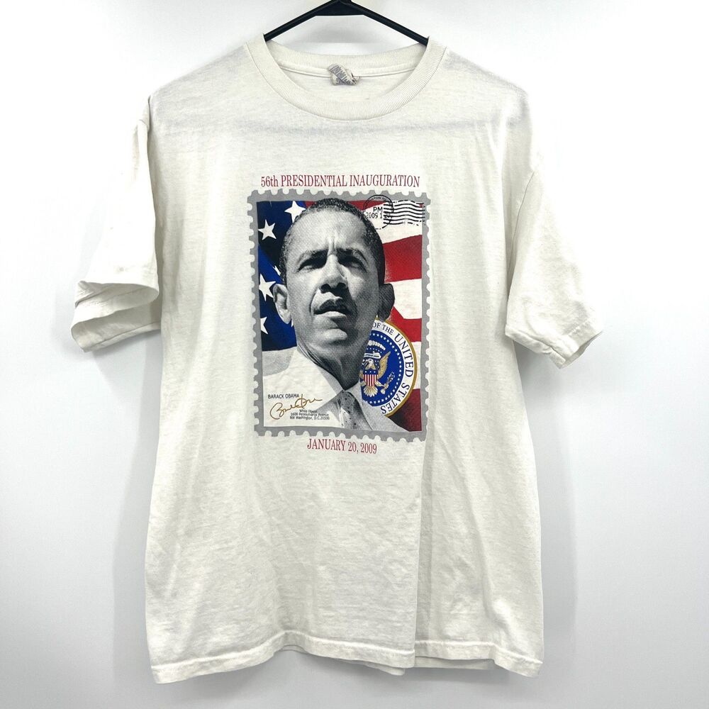 Vtg 2009 Barack Obama Inauguration T-Shirt L White 56th Presidential Stamp Tee